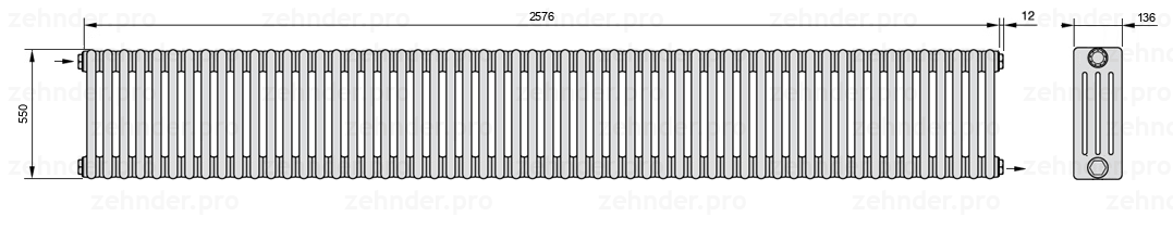 Схема (чертеж) Радиатор Zehnder Charleston 4055/56 №1670 Белый глянцевый RAL 9016